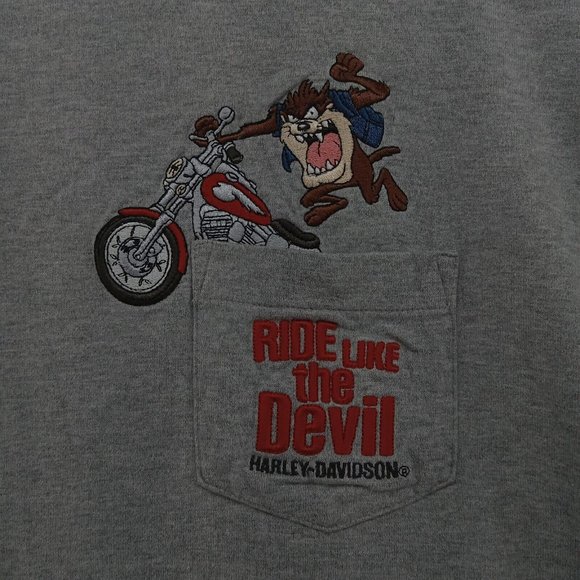 Warner‎ Brothers Harley Davidson Shirt Mens Gray Tasmanian Ride Like Devil Y2K - Picture 3 of 11